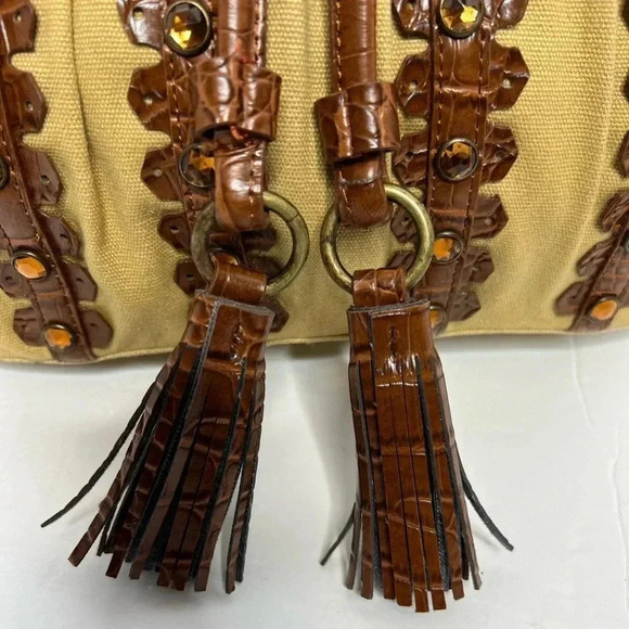 Sondra Roberts Jewel Studded Brown Canvas and vegan Leather Shoulder Bag ✨ - Picture 3 of 7